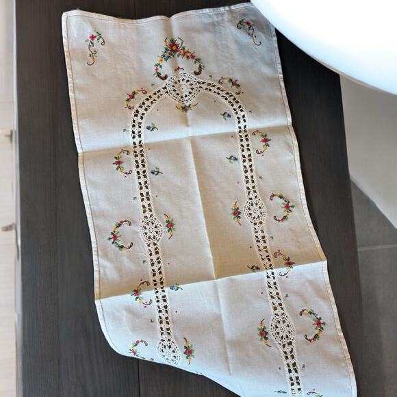 Vintage Doily Dresser Scarf Cross Stitch Needlepoint Floral Roses 16x40” - Picture 3 of 6